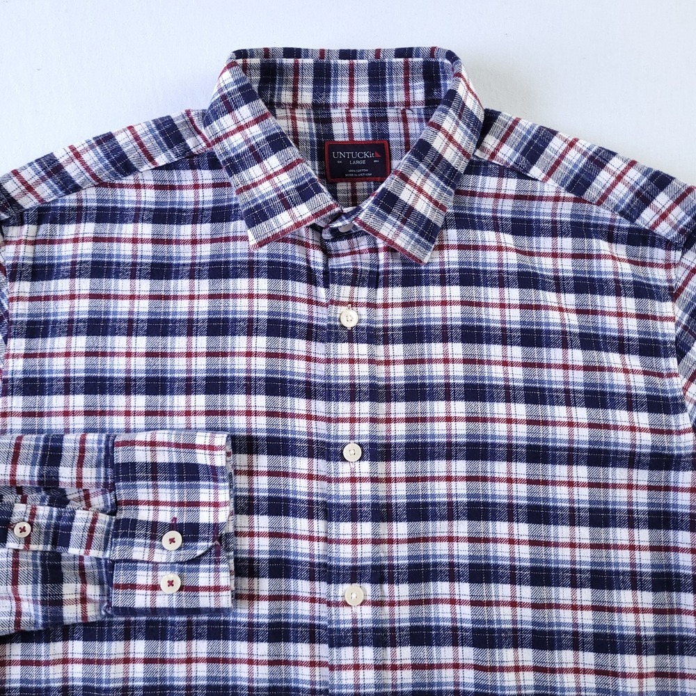 UNTUCKit Flannel Shirt Mens Large White Blue Plaid Outdoor Button Up